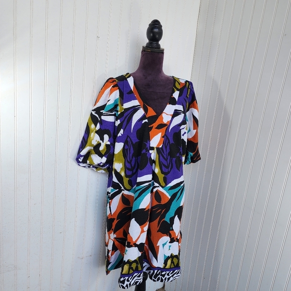 Cynthia Rowley Linen Colorful Short Puff Sleeve V-Neck Knee Length Dress Sz L - Picture 1 of 16